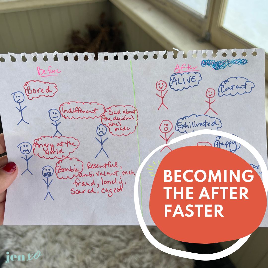 A bunch of stick figures on a piece of paper trying to illustrate how Life Design Coach Jen Vertanen felt before and after her transformation. There's an orange circle with the words Becoming The After Faster