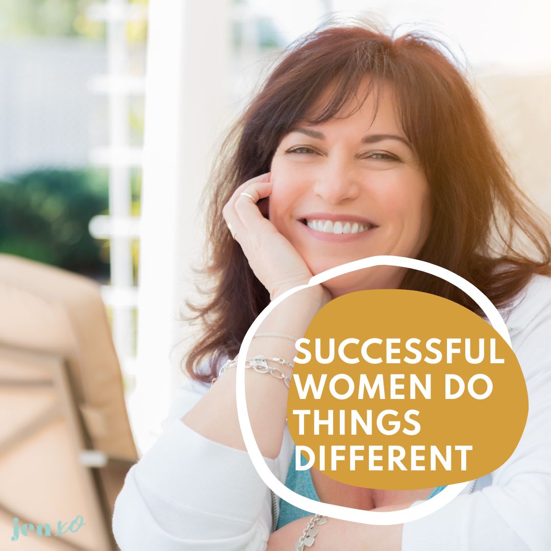 A lovely midlife woman resting her chin on her hand with a yellow circle and the words Successful Women Do Things Differently