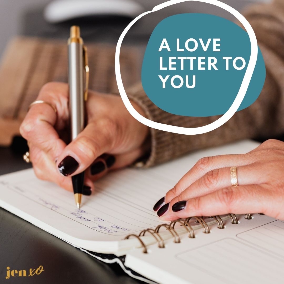 A woman writing in a journal with the words a love letter to you