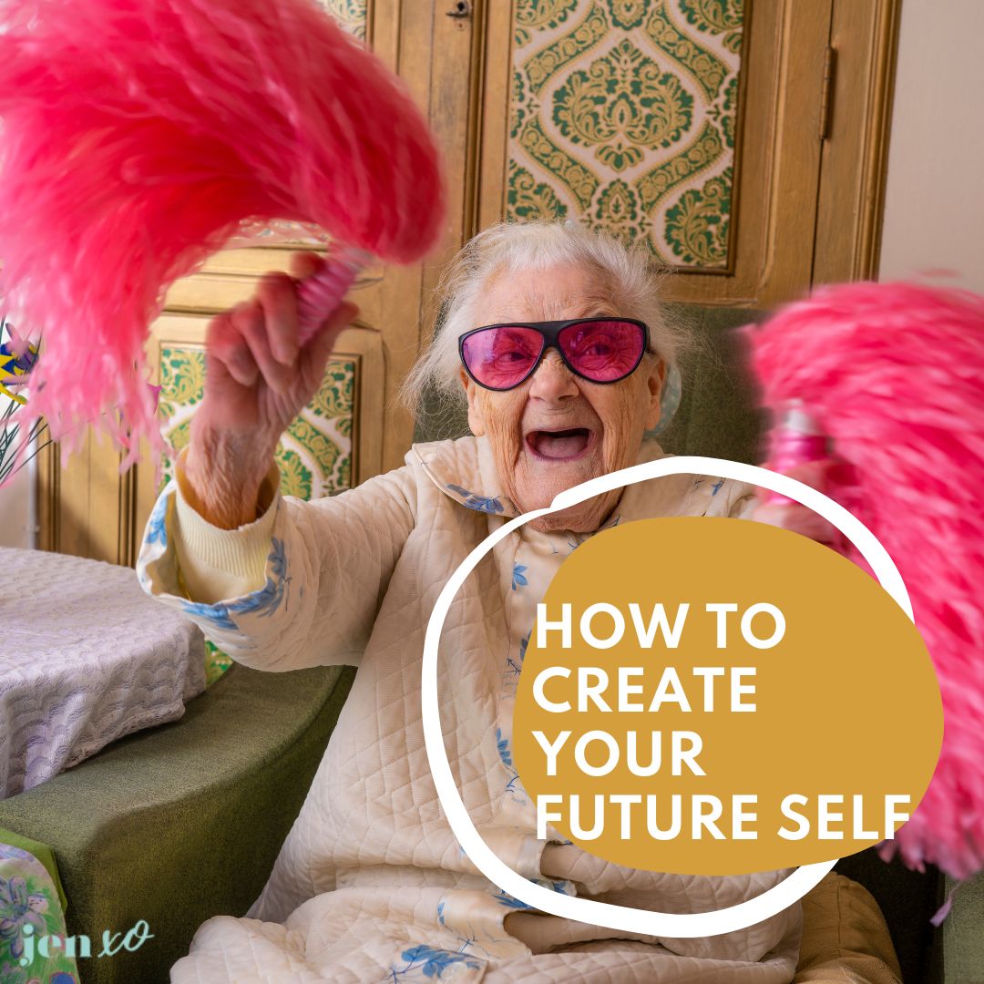 A delightful older woman with sunglasses and a huge smile shaking bring pink pom poms with a yellow circle and the words How To Create Your Future Self